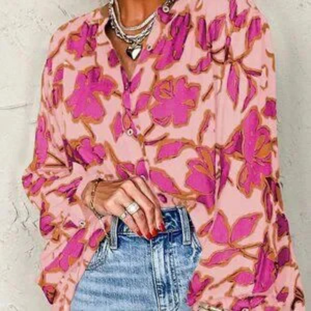 Multicolor Boho Women's Floral Print Batwing Sleeve Buttoned Loose Fit Shirt